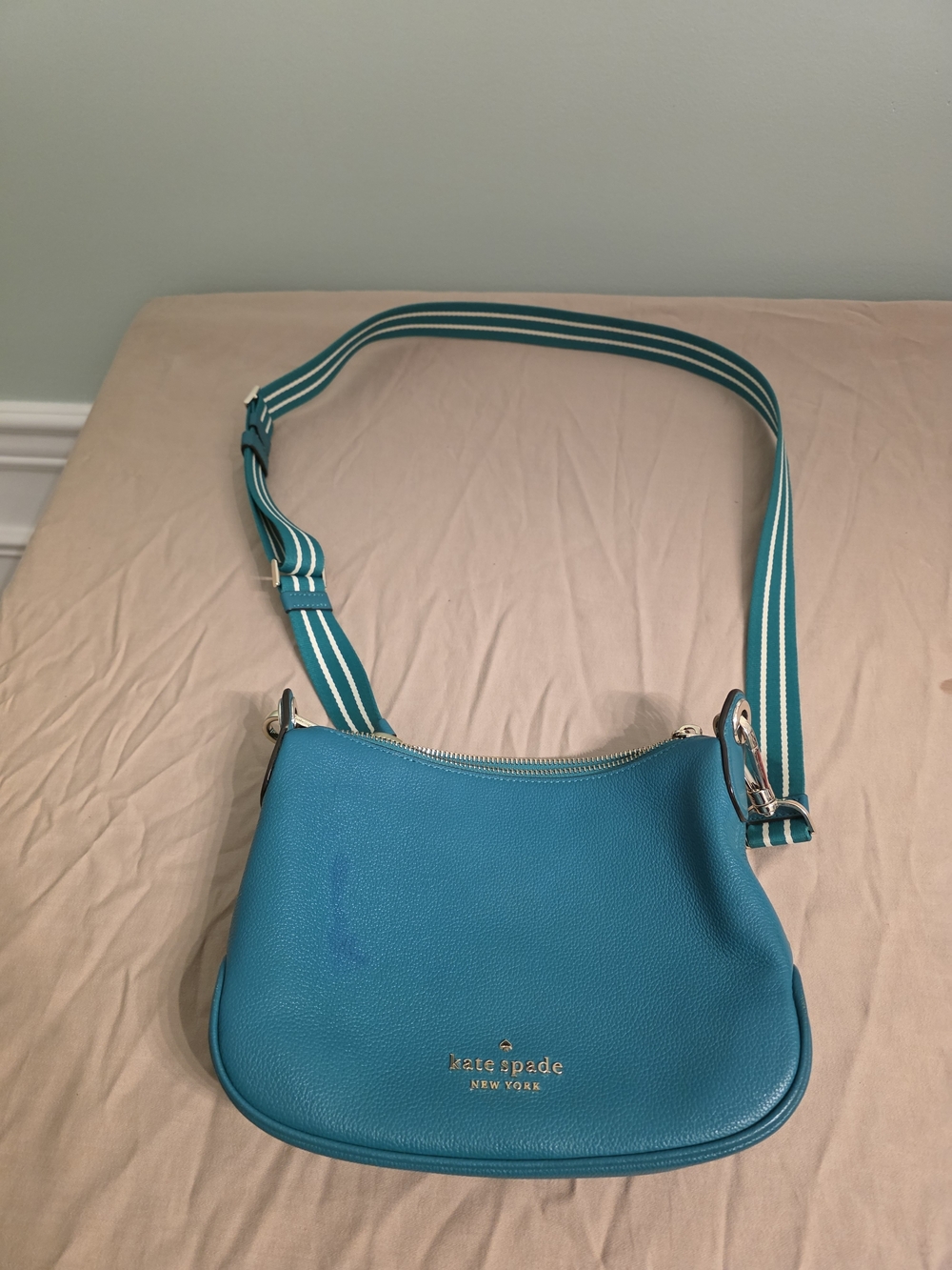 kate spade Emerald Green Leather Crossbody with Striped Strap
